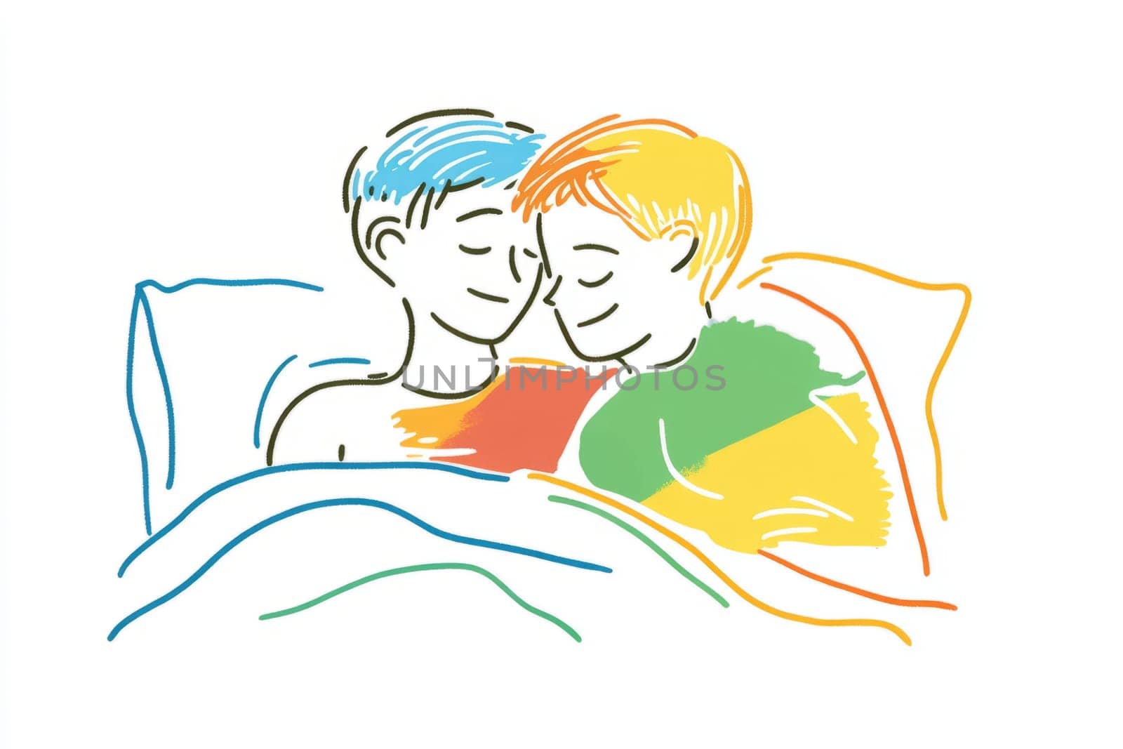 Love romantic couple of two men sleeping in bed. Relationships concept. Valentine day