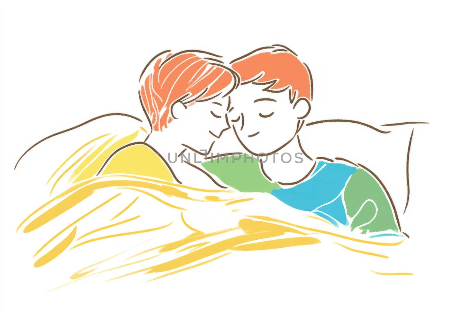 Love romantic couple of two men sleeping in bed. Relationships concept. Valentine day