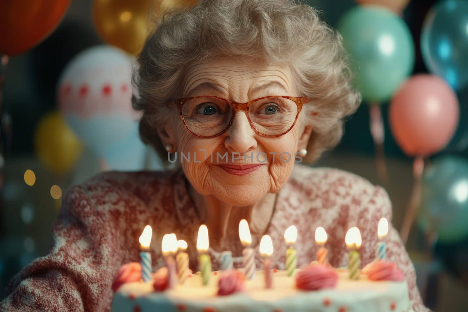 Gray-haired grandmother holding pink birthday cake, balloons