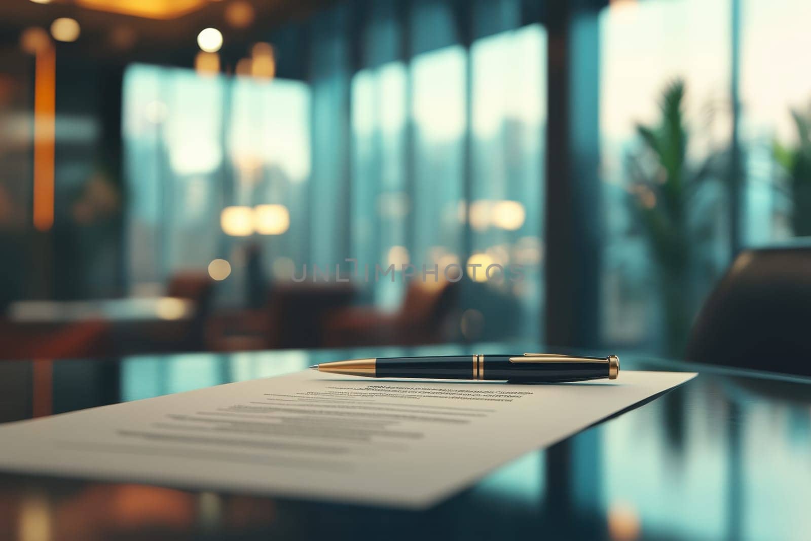 A stylish black pen lies on a contract paper in a modern office setting, capturing the essence of professionalism and clarity in business negotiations.