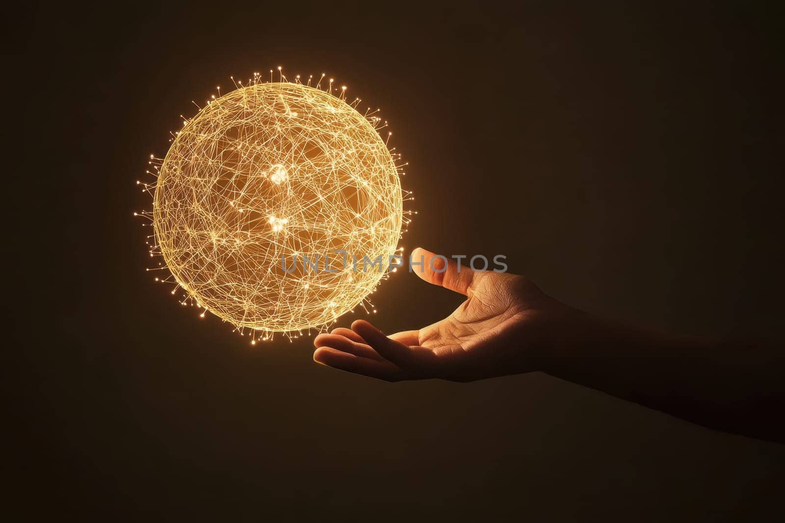 A human hand reaches out to capture a glowing sphere made of twinkling particles, symbolizing creativity and innovation against a dark background.
