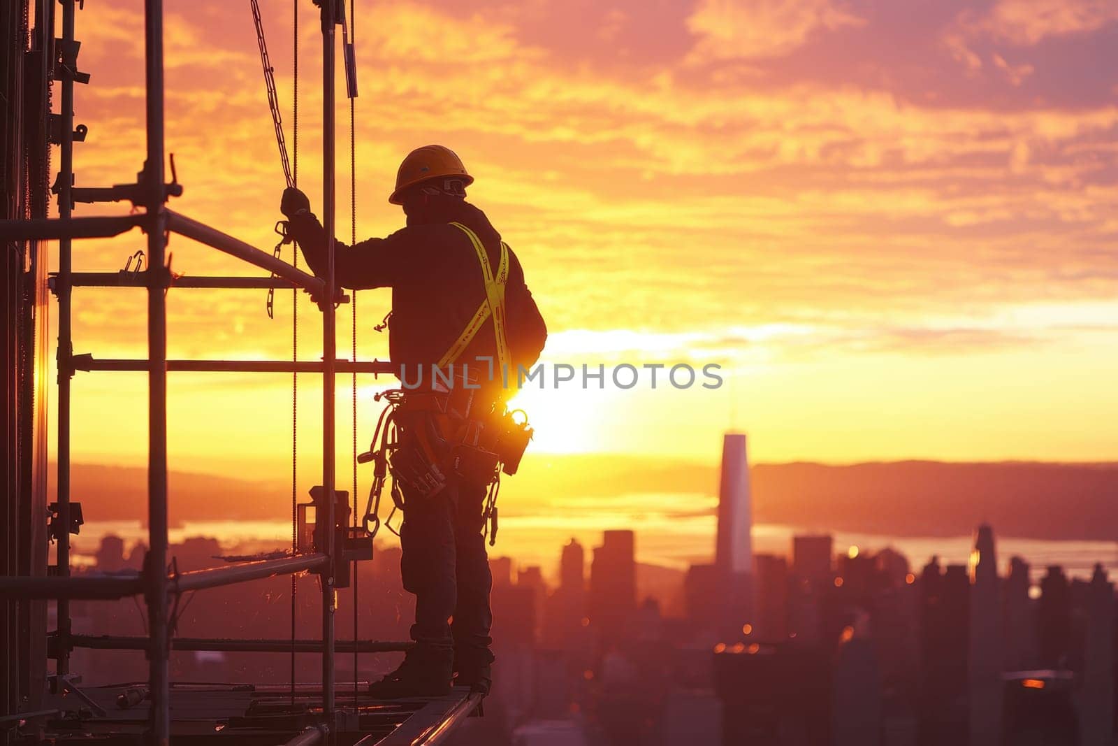 A construction worker in safety gear stands on a scaffold against a stunning sunset, gazing over the urban skyline, symbolizing dedication and hard work.