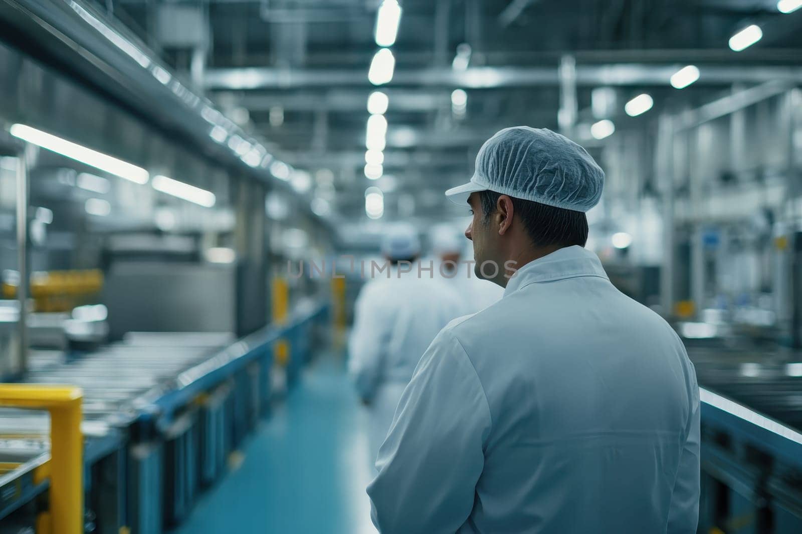 A professional worker in cleanroom attire walks through a modern industrial facility filled with advanced machinery and equipment.