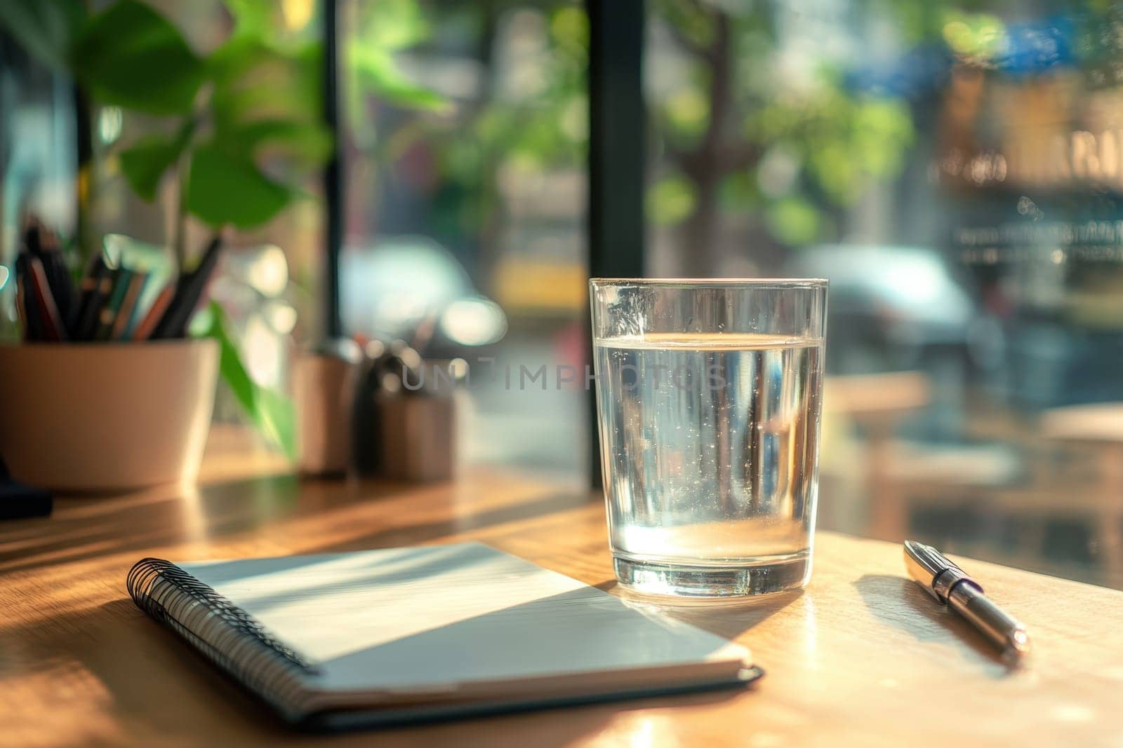 A serene scene featuring a clear glass of water on a wooden table next to an empty notebook and pen, illuminated by soft sunlight, perfect for reflection.