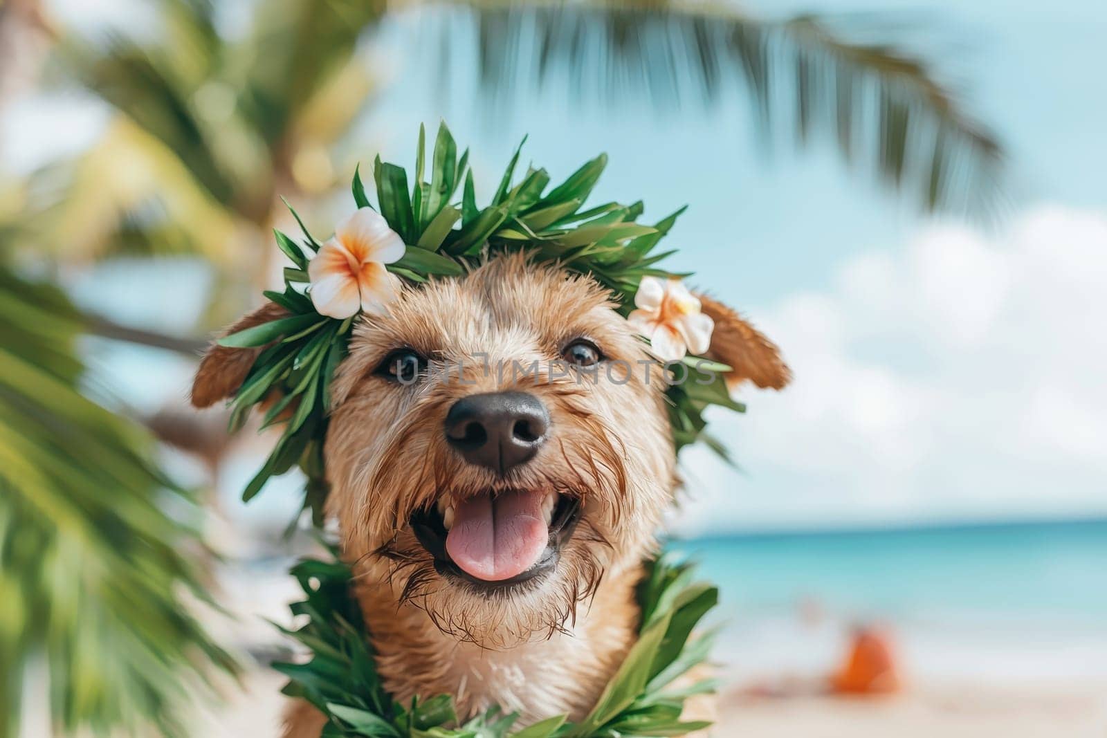 A cheerful dog adorned with a flower crown smiles joyfully on a tropical beach, surrounded by palm trees and a bright blue sky, radiating happiness and fun.