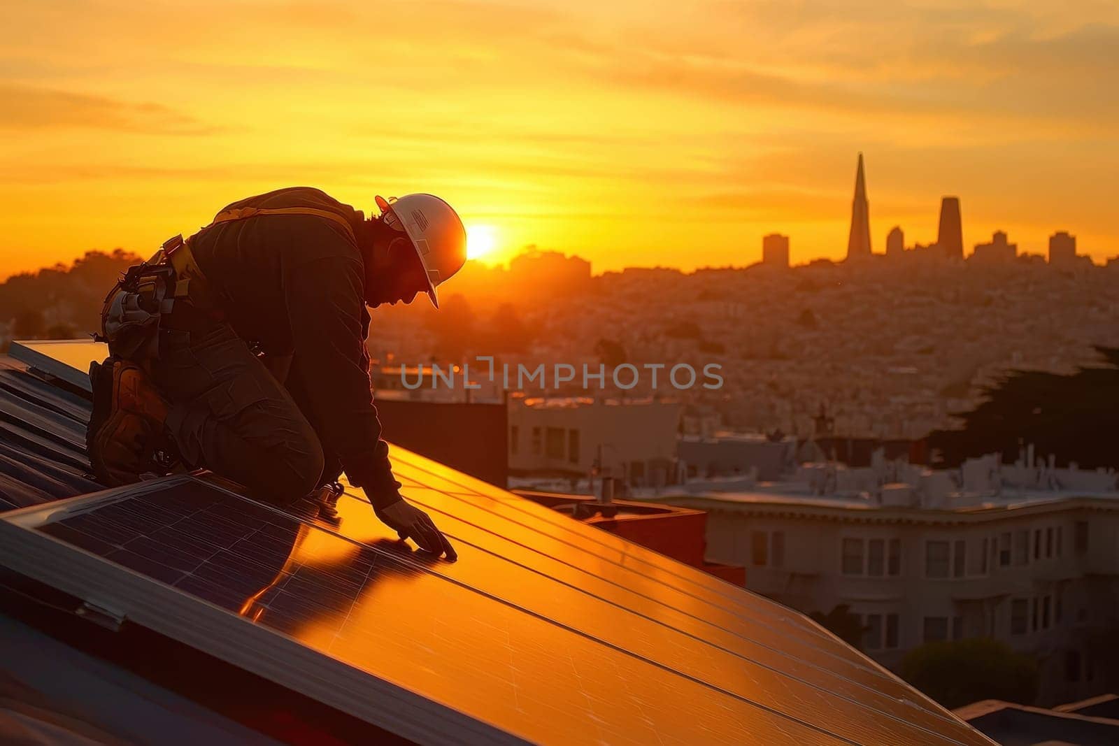 A dedicated worker installs a solar panel against a stunning sunset backdrop, showcasing the skyline of San Francisco. Emphasizing renewable energy efforts.