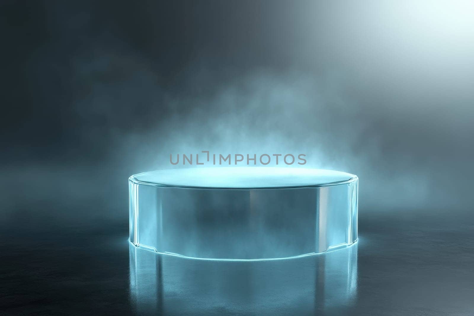 A transparent podium surrounded by mist creates a stunning visual effect, ideal for presentations or product showcases in modern settings.