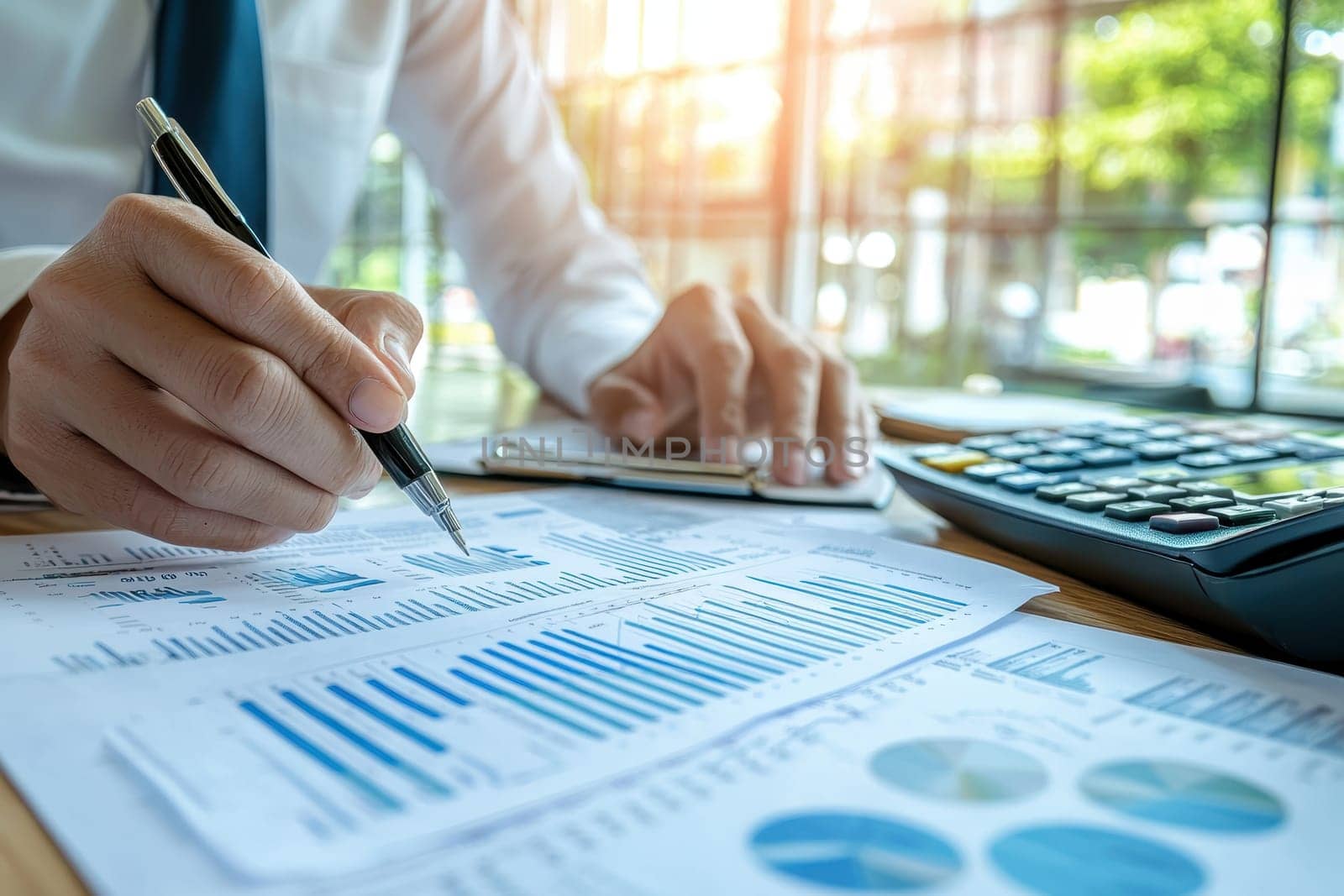 A business professional reviews crucial financial reports while sitting at a desk filled with documents and a calculator, showcasing productivity and focus in a bright office environment.