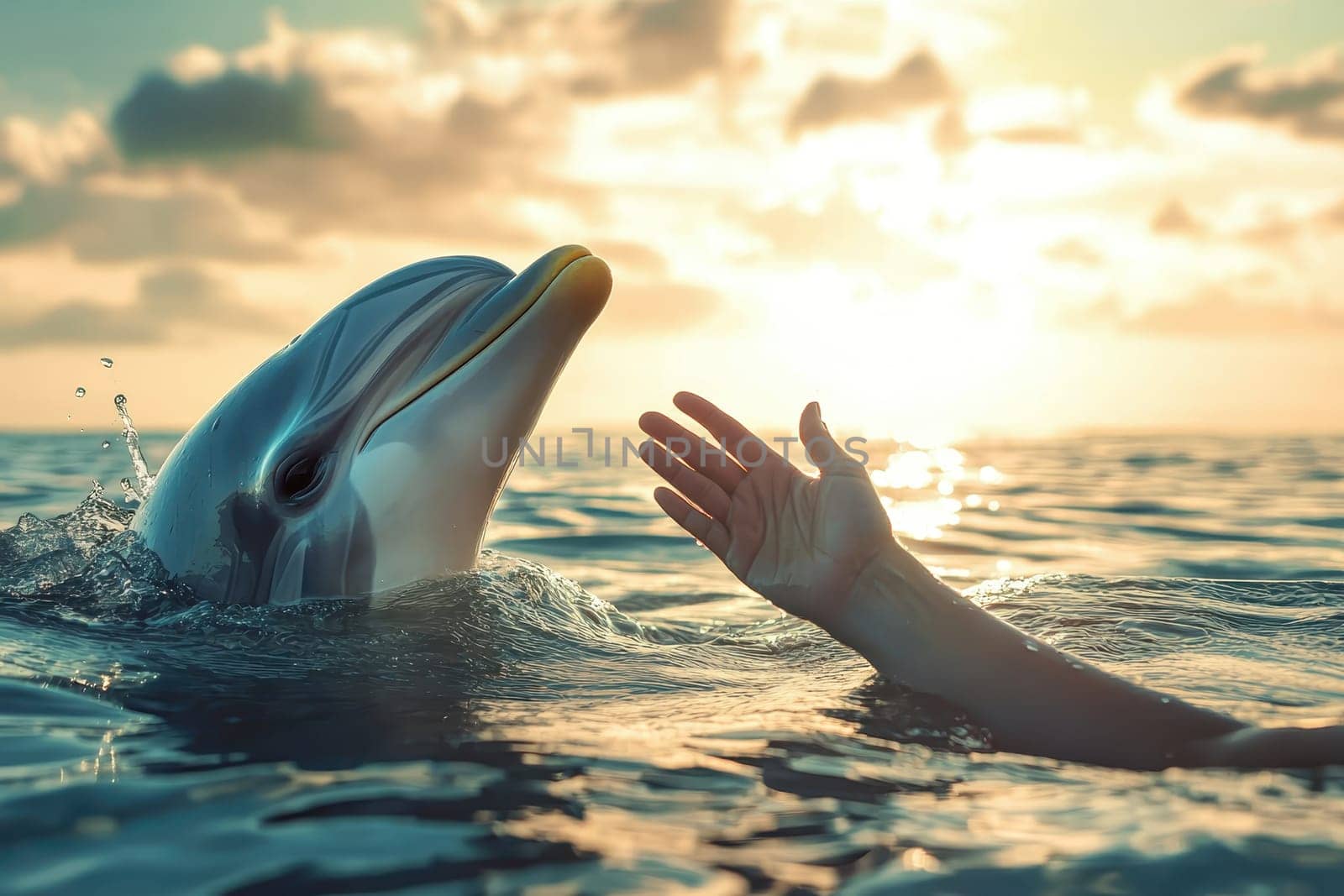A tranquil scene of a hand reaching towards a playful dolphin as the sun sets over calm ocean waters, symbolizing connection and adventure.