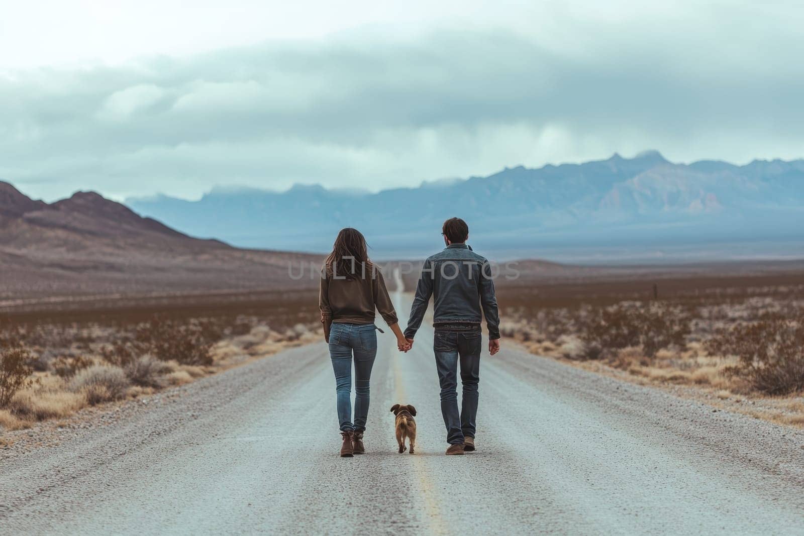 A couple strolls hand in hand with their dog on a quiet desert road, surrounded by stunning mountains and vast open space, evoking a sense of adventure and connection.