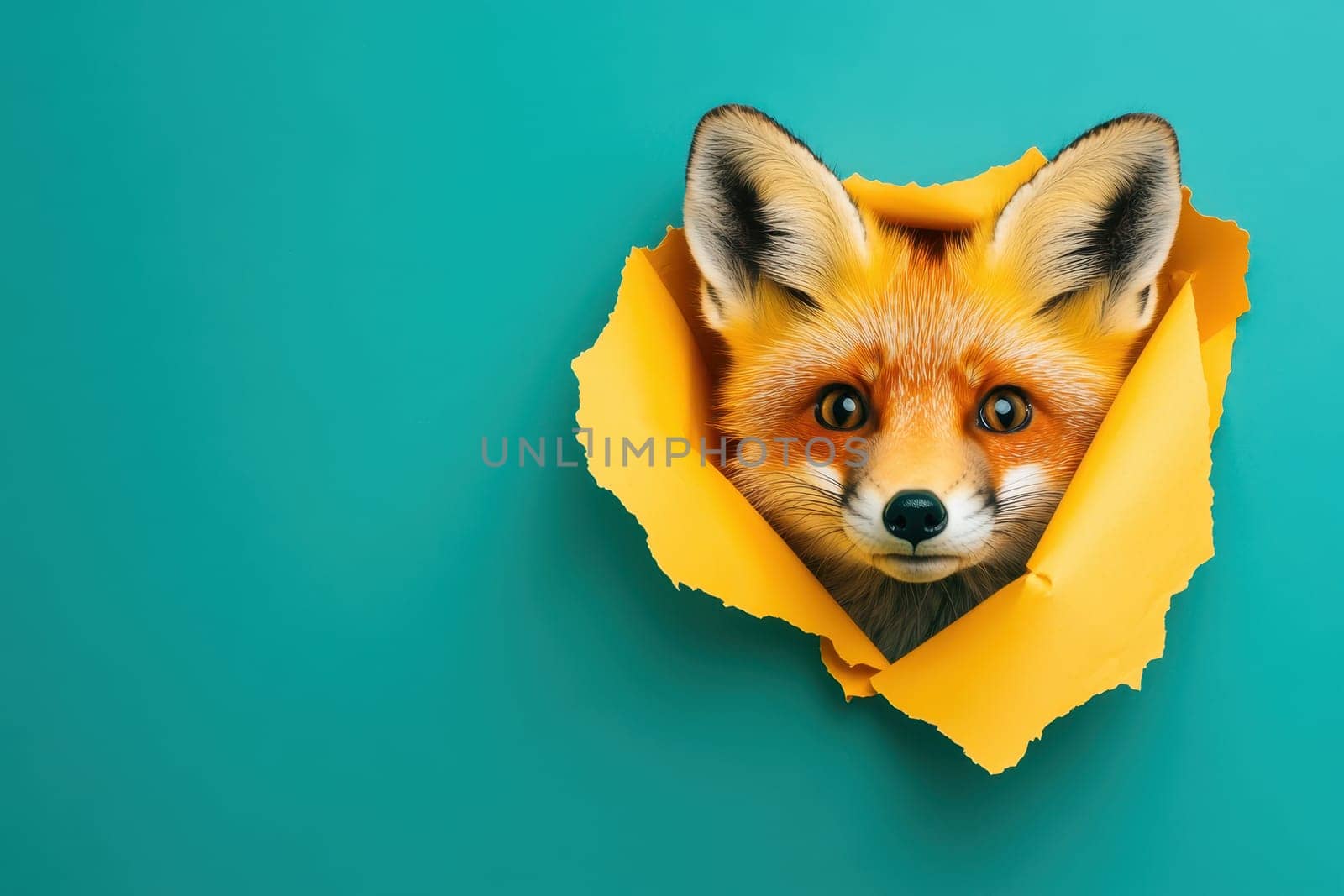 A charming fox face emerges from a torn piece of yellow paper, set against a bright teal background, showcasing creativity and playful artistry.