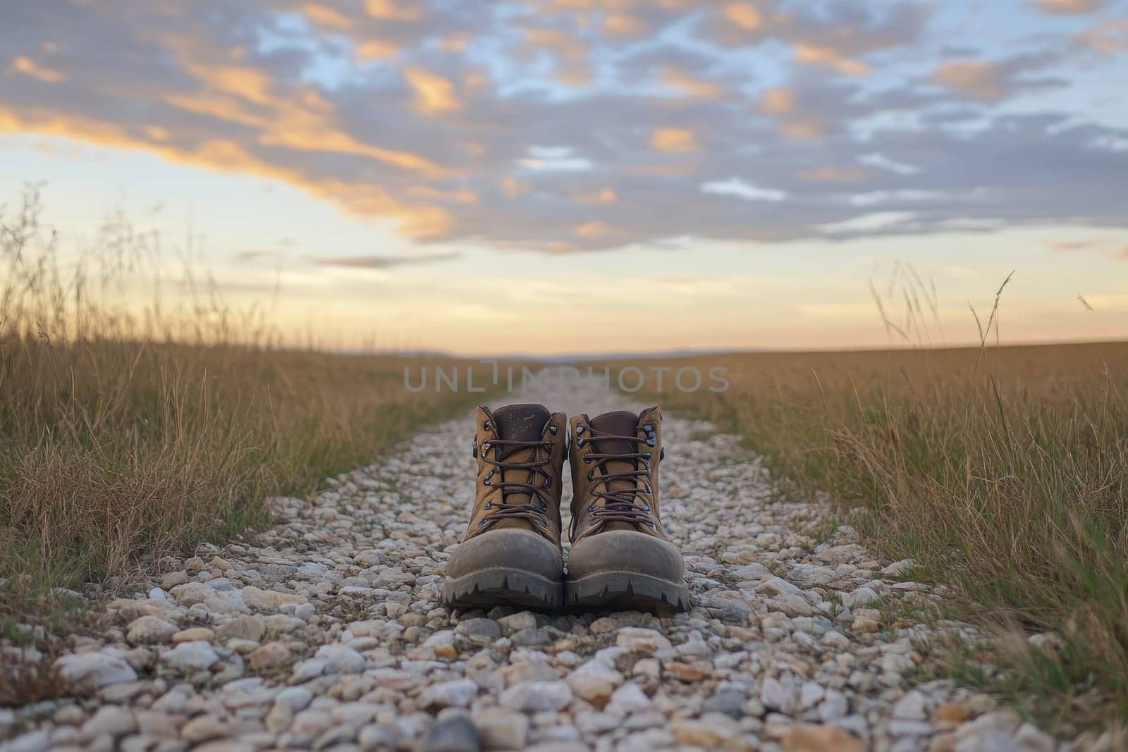 A pair of stylish hiking boots positioned on a gravel pathway, with a breathtaking sky in the background. Ideal for outdoor adventure enthusiasts.