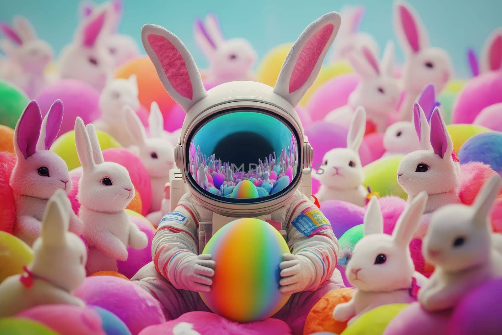 A cartoon of a rabbit in a space suit holding a rainbow colored ball. The scene is full of colorful rabbits and the rabbit in the space suit is the main focus