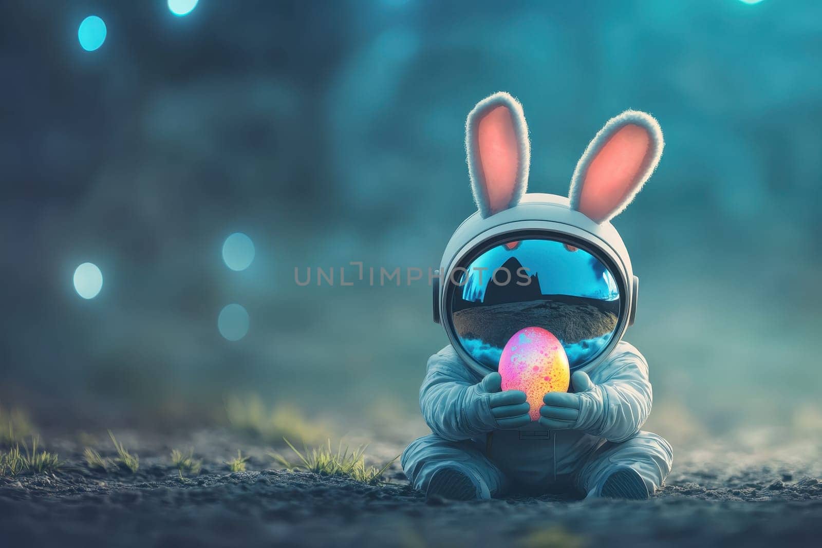 A whimsical scene featuring a cute bunny dressed as an astronaut, holding a colorful egg in a cosmic environment, perfect for fun and imaginative artwork.