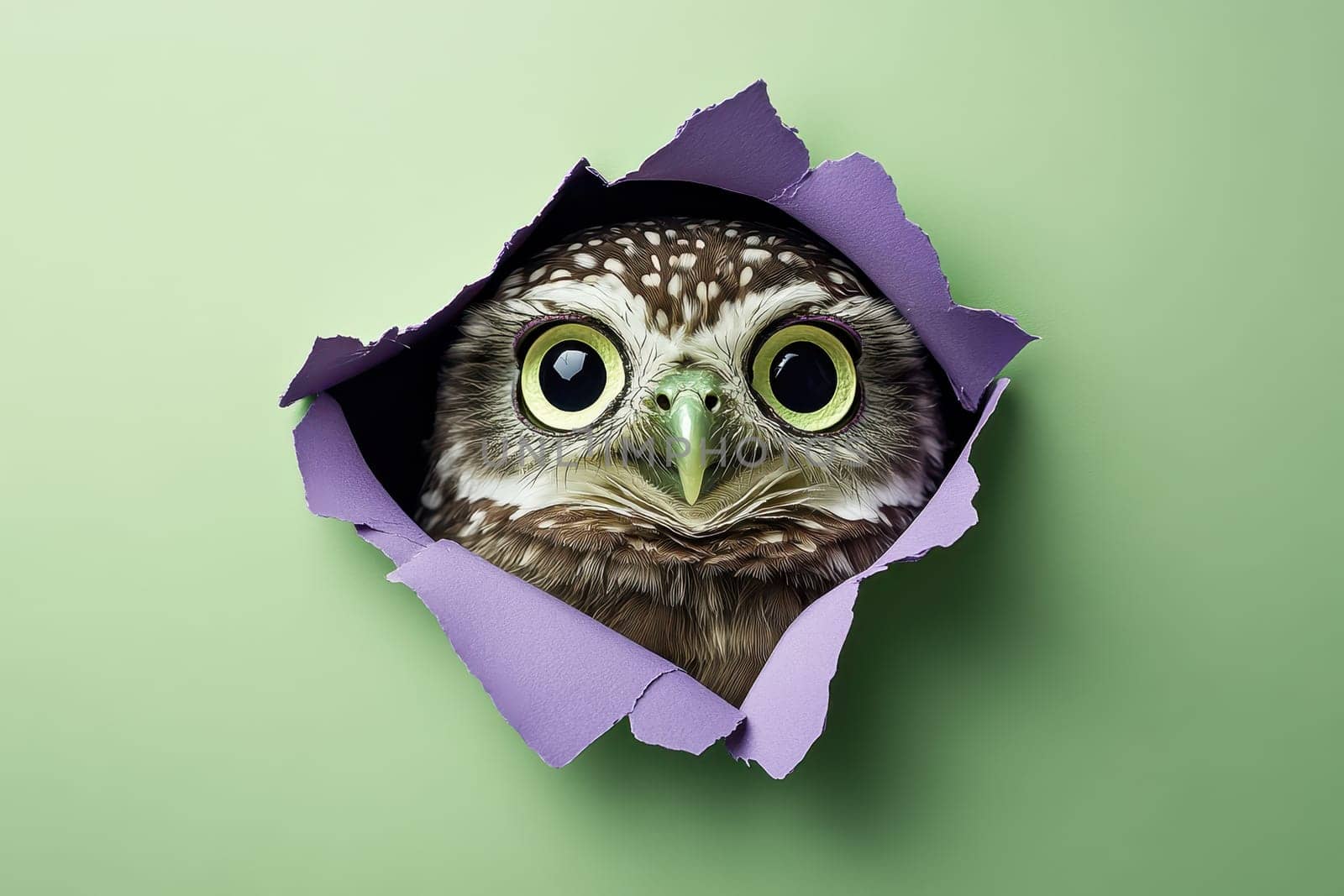A cute owl curiously peeks through a torn piece of paper against a vibrant green background, showcasing its large expressive eyes and intricate feathers.