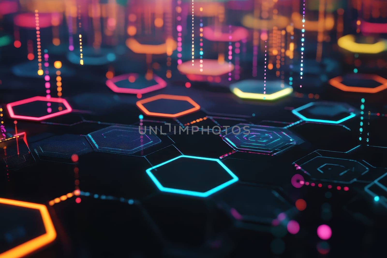 A vibrant digital landscape featuring hexagonal patterns illuminated by colorful neon lights. This abstract design evokes a futuristic tech vibe, perfect for creative projects.