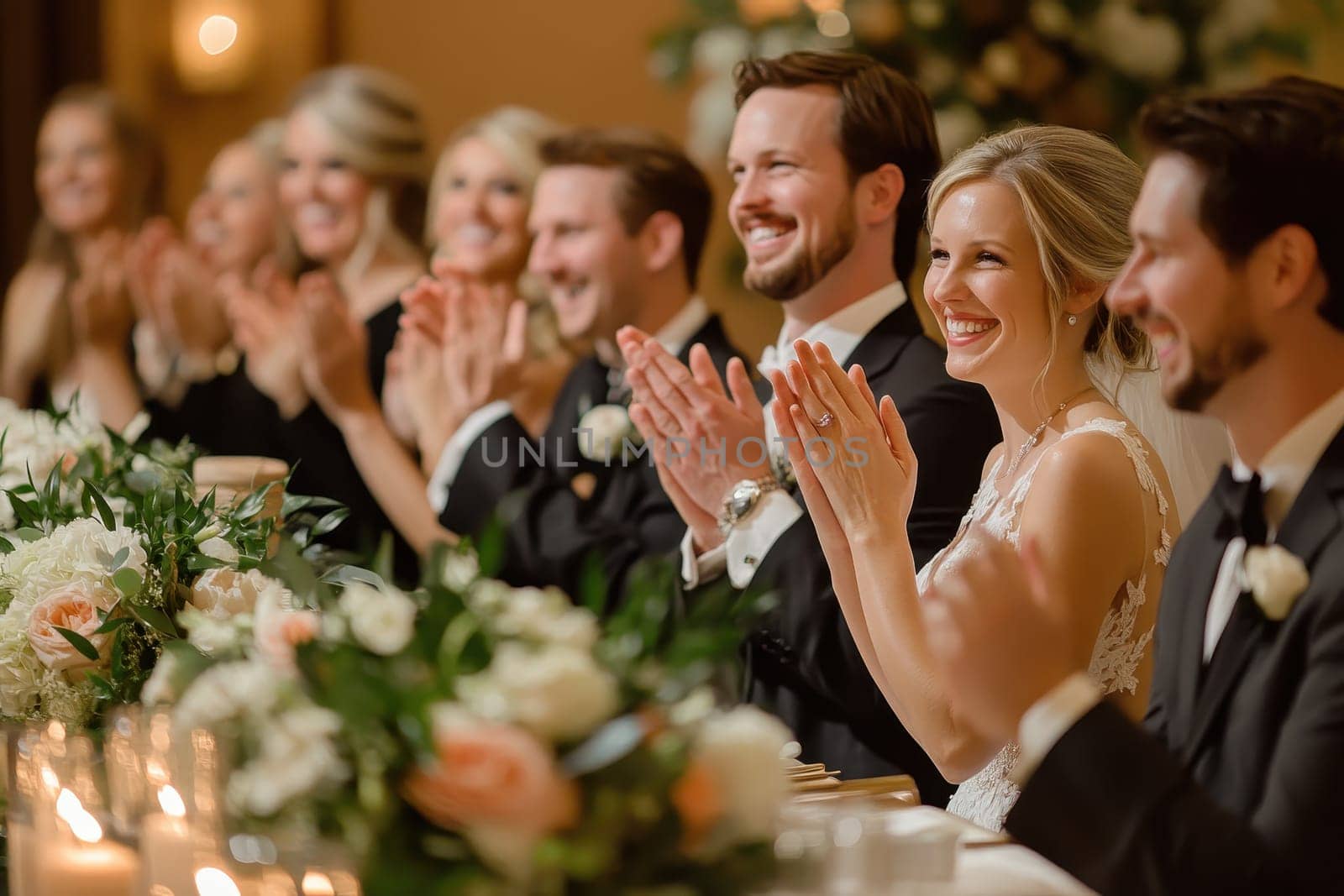 A beautiful wedding reception scene showcasing joyful guests clapping and smiling, embodying love and celebration in an elegant atmosphere filled with decor and flowers.