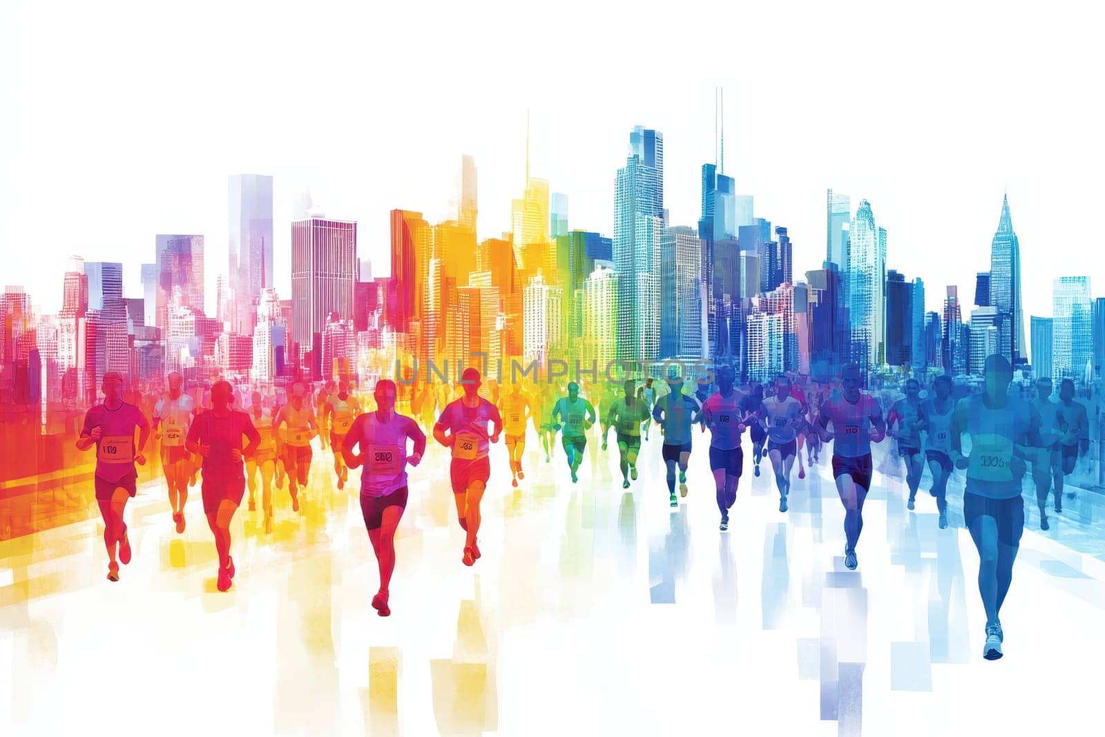 A dynamic city marathon scene featuring vibrant runners with a colorful urban skyline backdrop, capturing the energy and spirit of fitness and community.