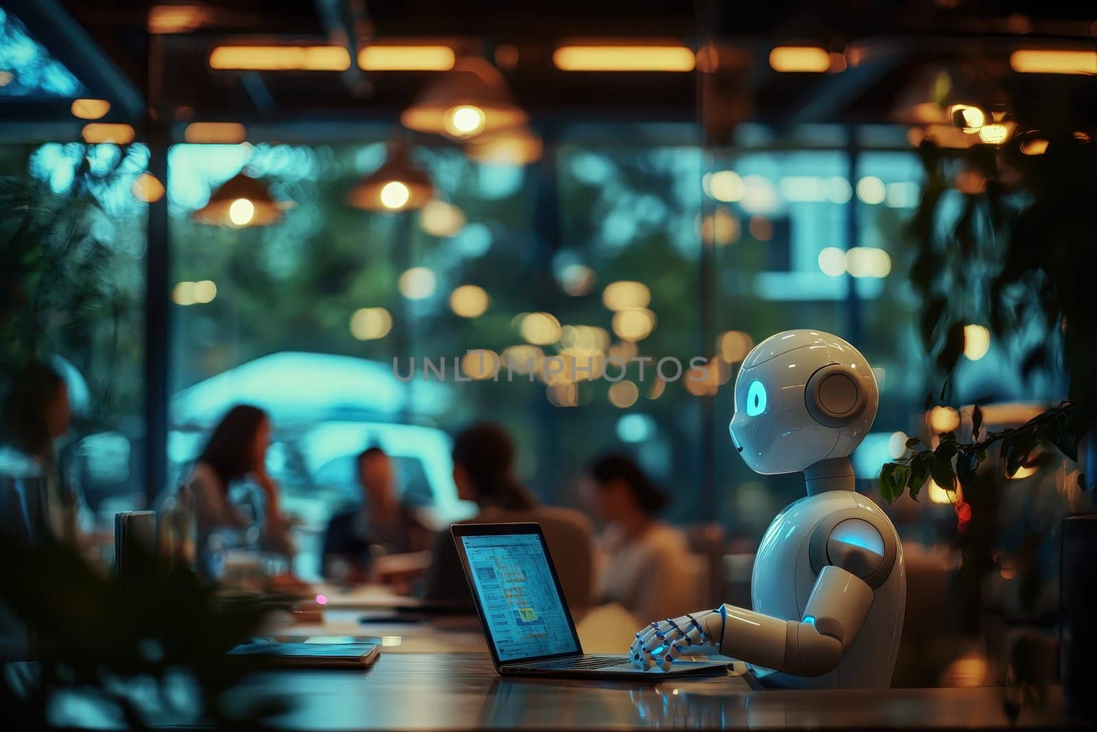 A humanoid robot works on a laptop in a modern cafe, surrounded by people engaging in conversation, illustrating the future of technology and human interaction in daily life.
