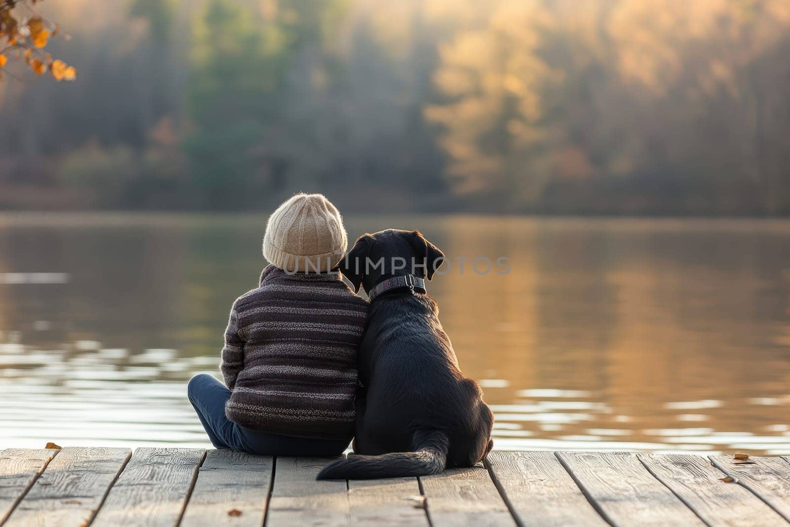 A serene scene featuring a child and a dog sitting side by side on a wooden dock by a tranquil lake during autumn, experiencing a moment of warmth and connection.