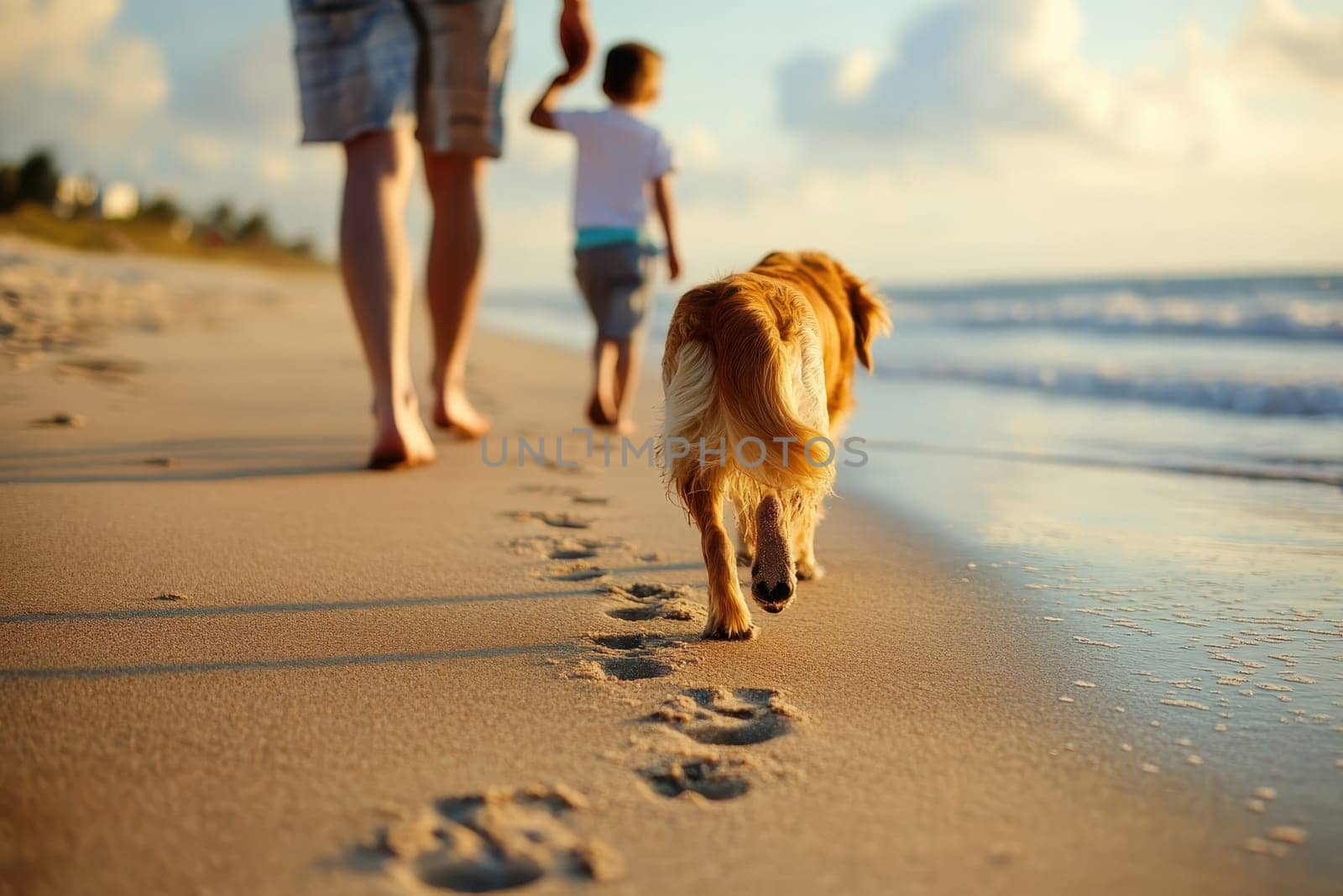 A serene moment captured as a family walks along the beach with their dog during sunset. The soft sand and gentle waves create a peaceful environment for connection and relaxation.