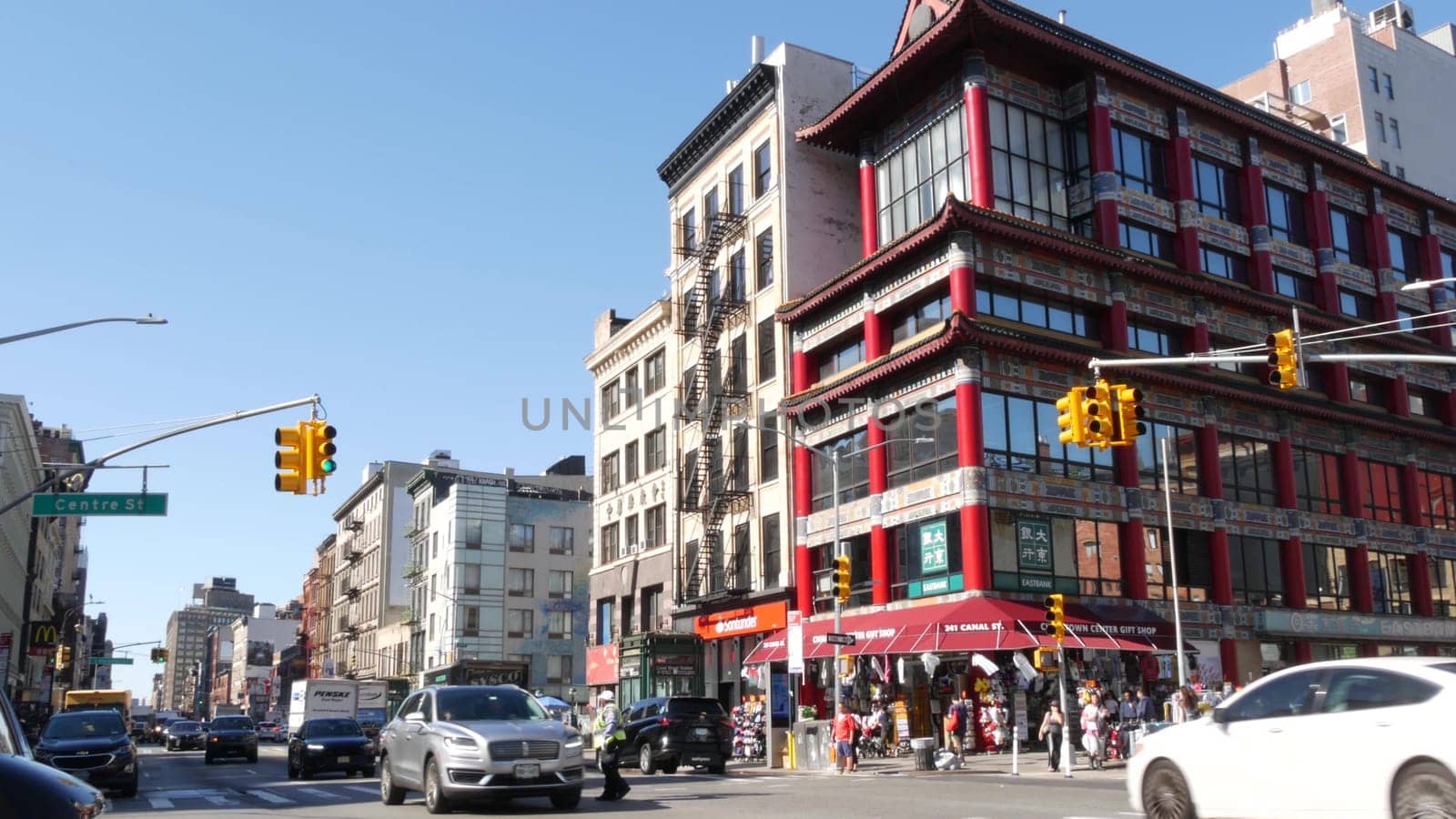 New York City, United States - 14 Sept 2023: Manhattan Chinatown Canal and Centre street crossroad, chinese ethnic district architecture, USA. Gift shop, traditional building. NYC road traffic, people