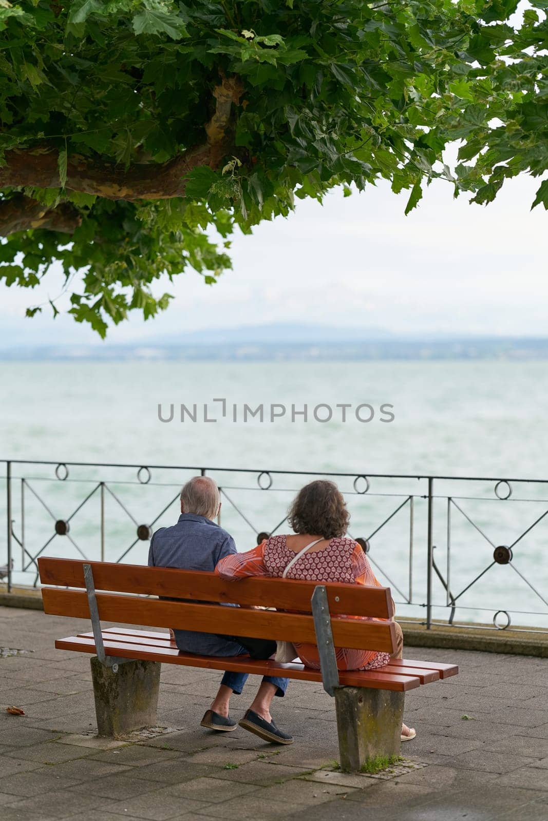 Meersburg, Germany - July 31, 2024: Older couple of pensionable age sitting on a bench on the shore of Lake Constance in Meersburg and enjoying the beautiful view