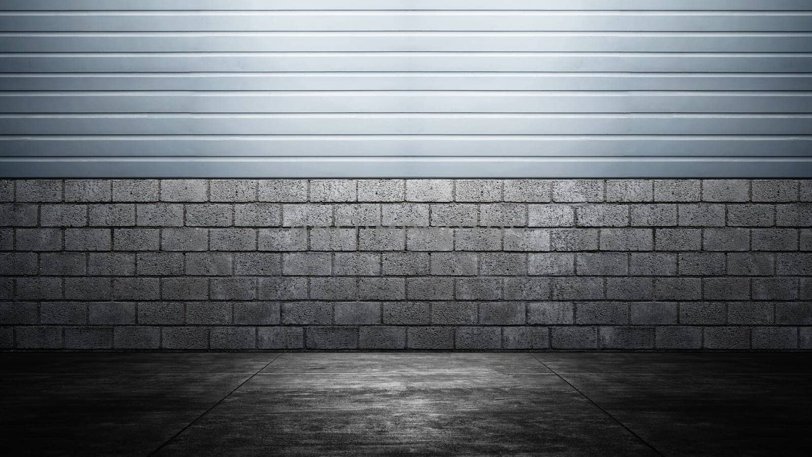 Wall with plastered concrete floor. Abstract pattern of the wall with brick and horizontal ribbed lines. Mockup. Copy space. Wallpaper or texture background