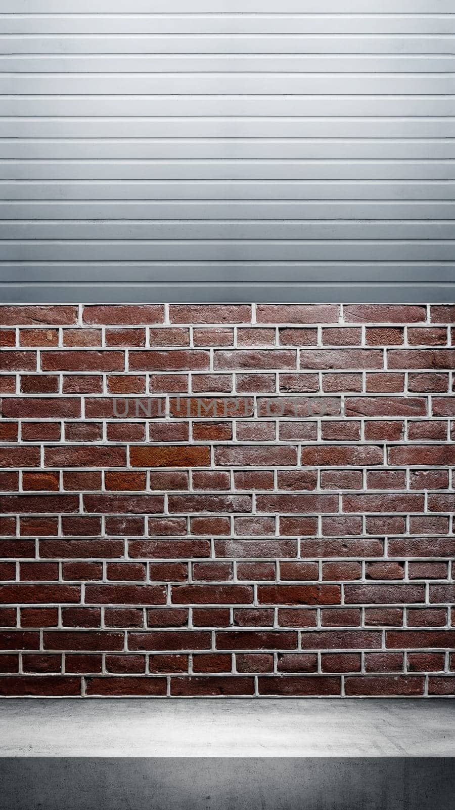 Wall with white shelf. Abstract pattern of the wall with brick and horizontal ribbed lines. Mockup. Copy space. Wallpaper or texture background