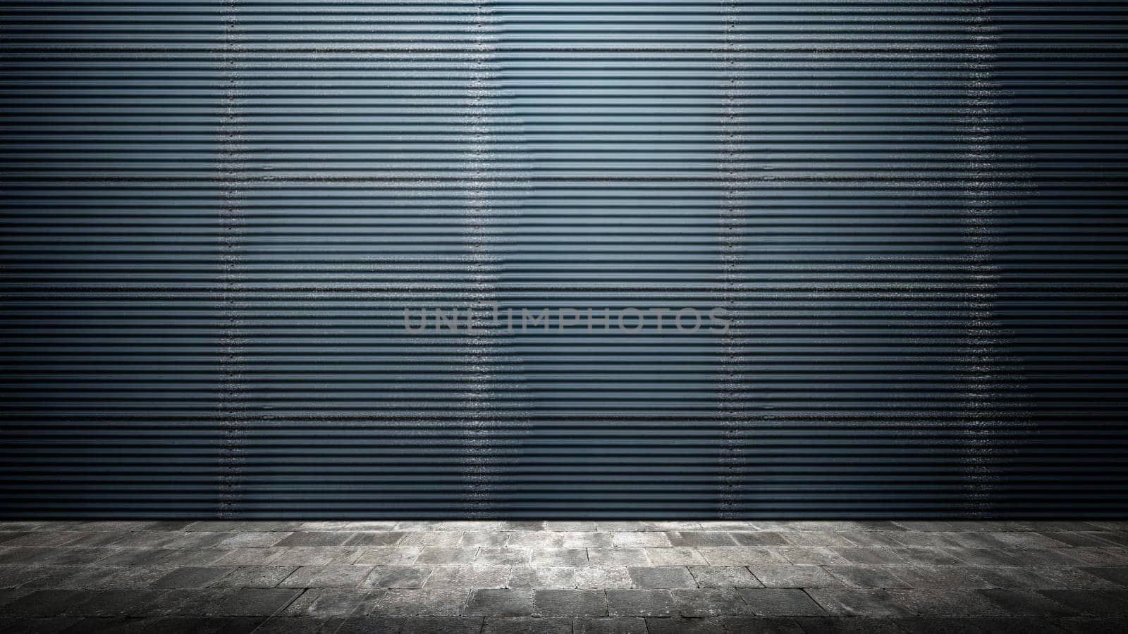 Black metal sheet wall with plastered concrete floor. Abstract pattern of a corrugated metal wall. Mockup. Copy space. Wallpaper or texture background