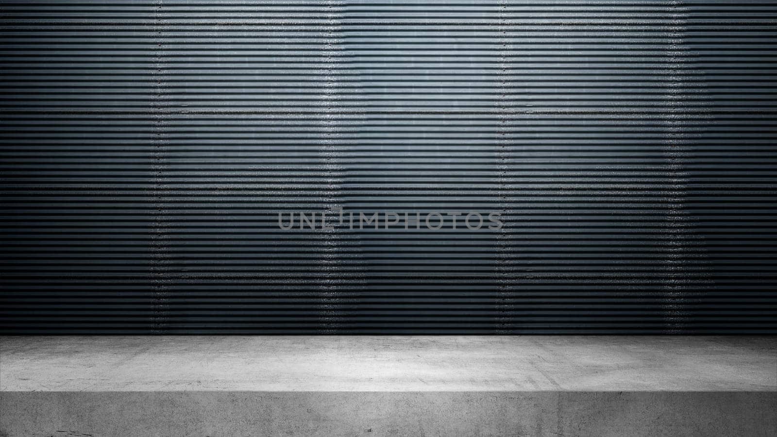 Black metal sheet wall with white shelf. Abstract pattern of a corrugated metal wall. Mockup. Copy space. Wallpaper or texture background
