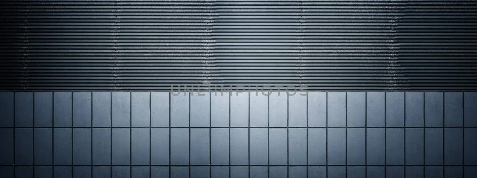 Closeup view of a black wall. Abstract pattern of a tiled and corrugated metal wall. Mockup. Copy space. Wallpaper or texture background