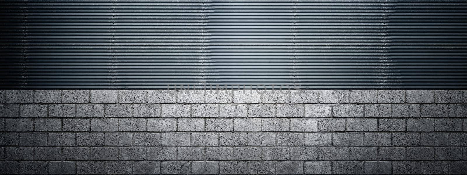 Closeup view of a black wall. Abstract pattern of a brick and corrugated metal wall. Mockup. Copy space. Wallpaper or texture background