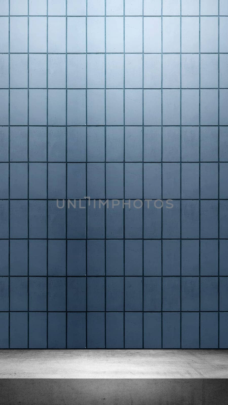 Closeup view of the gray wall with white shelf. Abstract pattern of a tiled wall. Mockup. Copy space. Wallpaper or texture background
