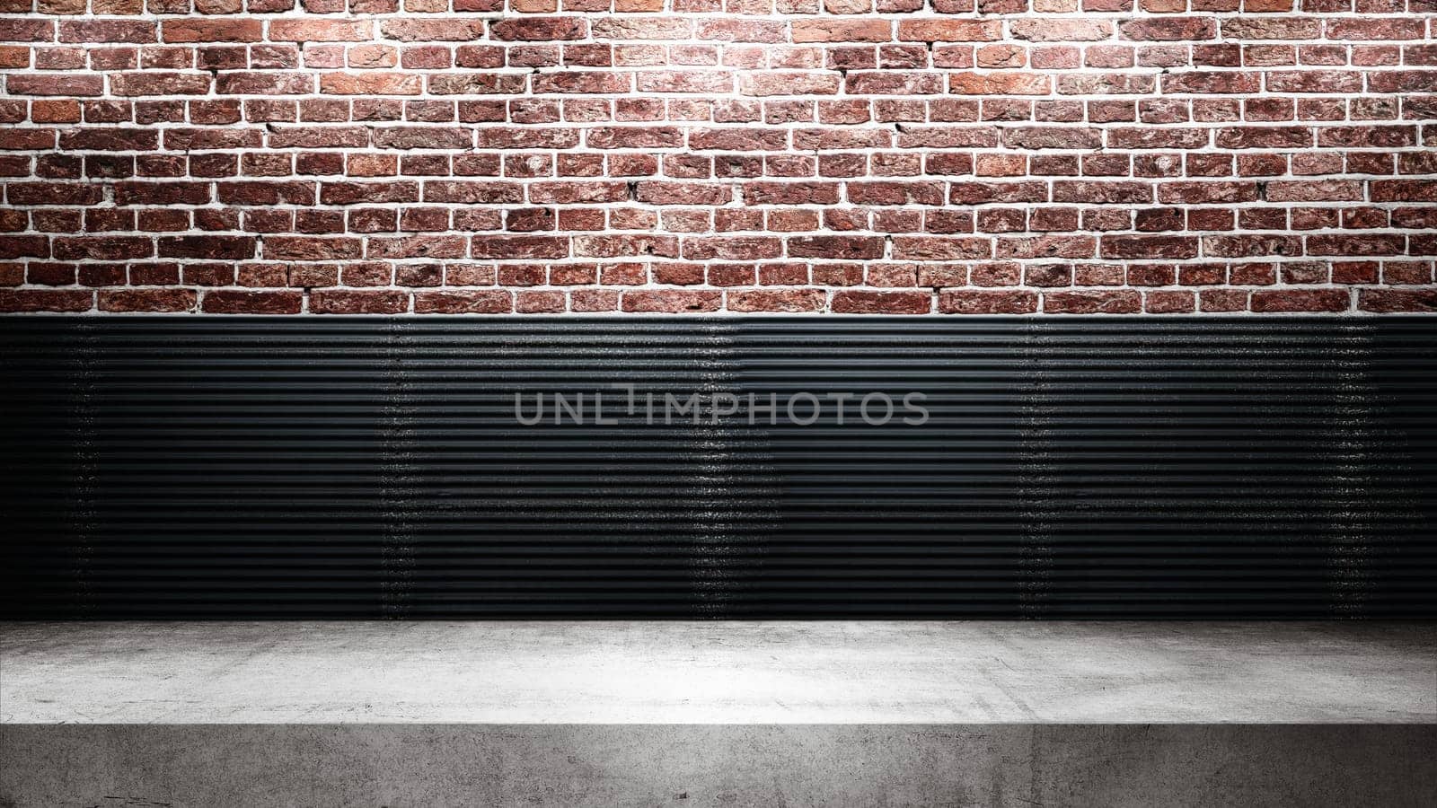 Wall with white shelf. Abstract pattern of a brick and corrugated metal wall. Mockup. Copy space. Wallpaper or texture background
