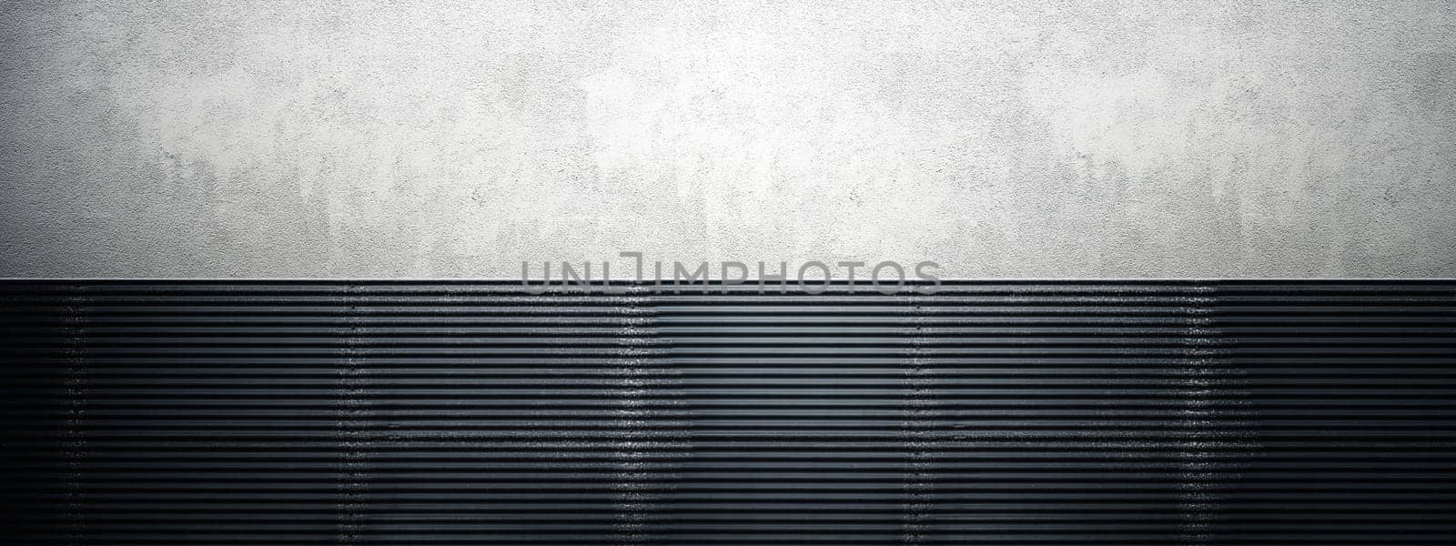 Closeup view of a black wall. Abstract pattern of a concrete and corrugated metal wall. Mockup. Copy space. Wallpaper or texture background