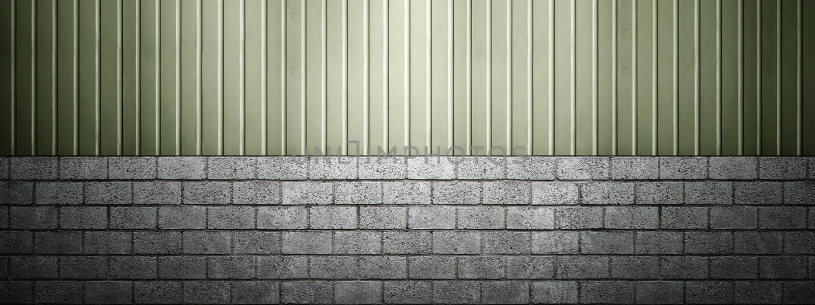 Closeup view of gray wall. Abstract pattern of a wall with brick and horizontal ribbed lines. Mockup. Copy space. Wallpaper or texture background