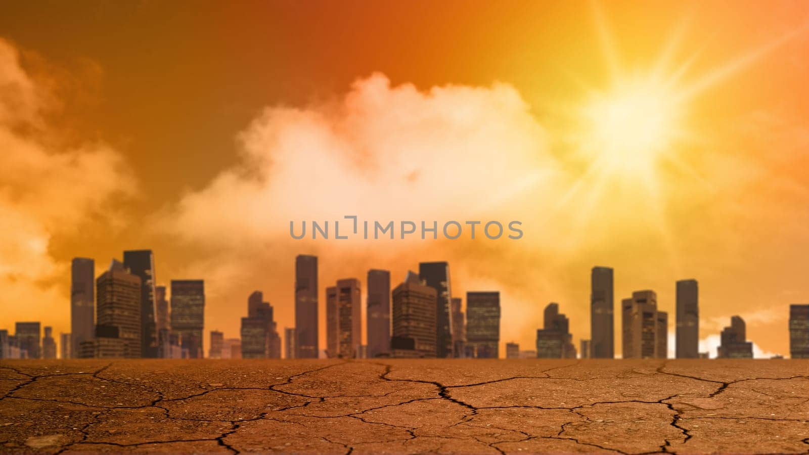 View of drought fields and a cityscape with bad or hot weather. Concepts of environmental protection, climate change, global warming, or net zero carbon neutral