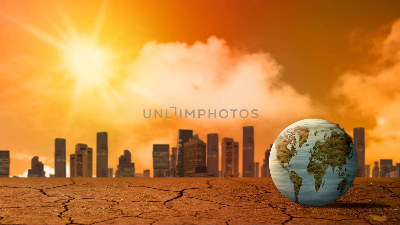 Earth on drought fields with a cityscape view in bad or hot weather. Concepts of environmental protection, climate change, global warming, or net zero carbon neutral