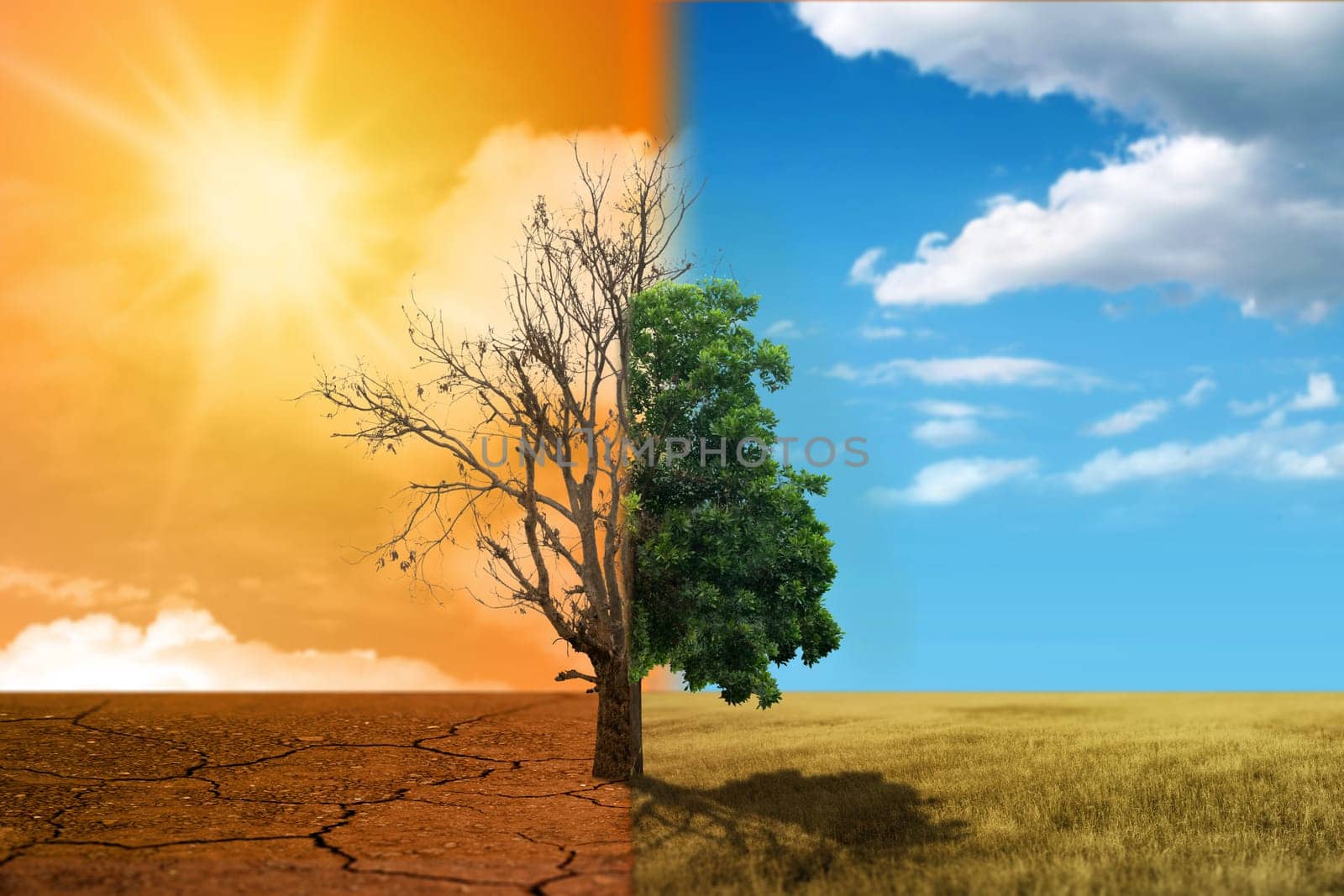 A tree grows in different weather. Dry tree on the drought field and lush tree on the fertile field. Concepts of environmental protection, climate change, or global warming