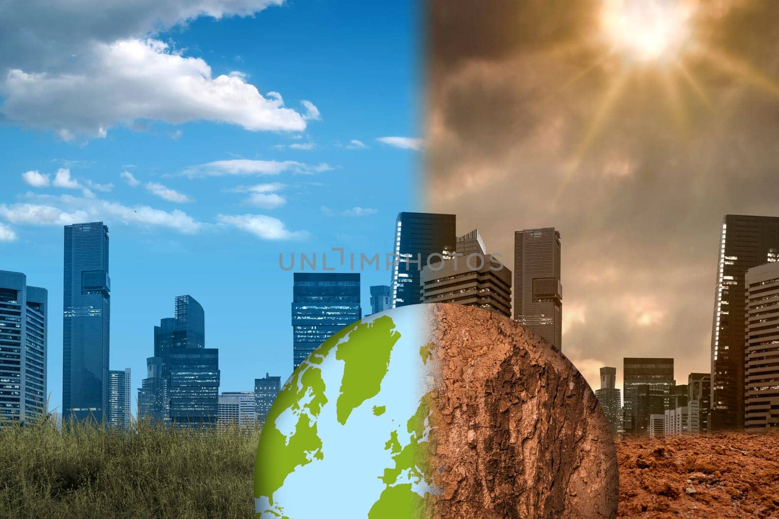 Earth with a view of cityscapes with skyscrapers and modern buildings in different weather. Concepts of environmental protection, climate change, global warming, or net zero carbon neutral