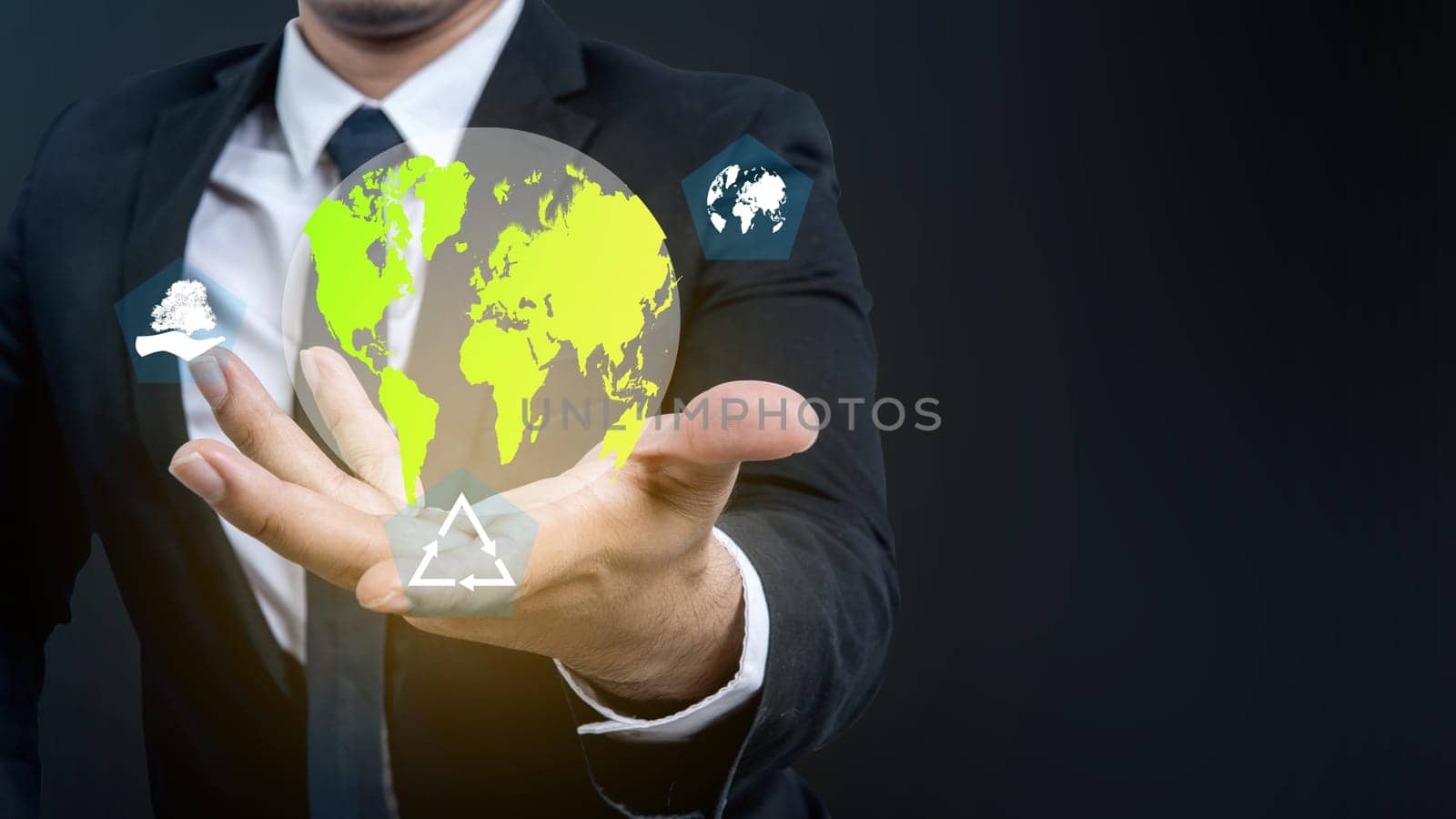 Business hand shows virtual earth. Concepts of environmental protection, climate change, global warming, recycling, or net zero carbon neutral