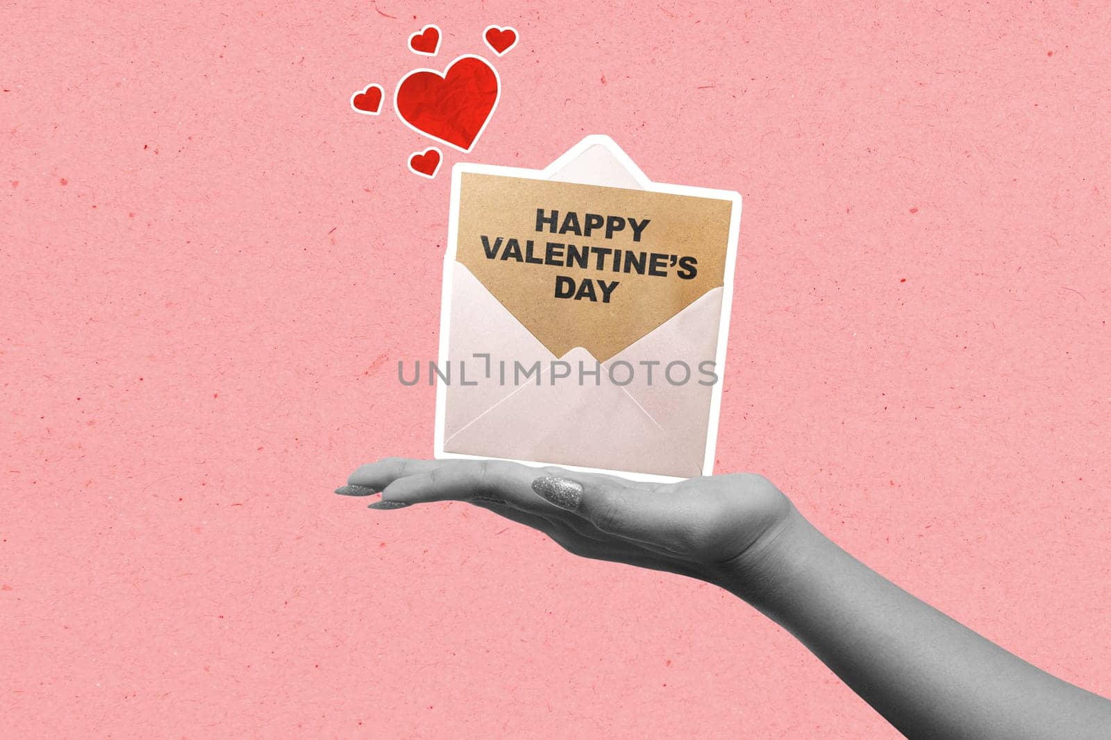 A human hand holding an envelope with the text of Happy Valentine Day and a red heart on a colored background. Concept of Valentine Day. Collage art
