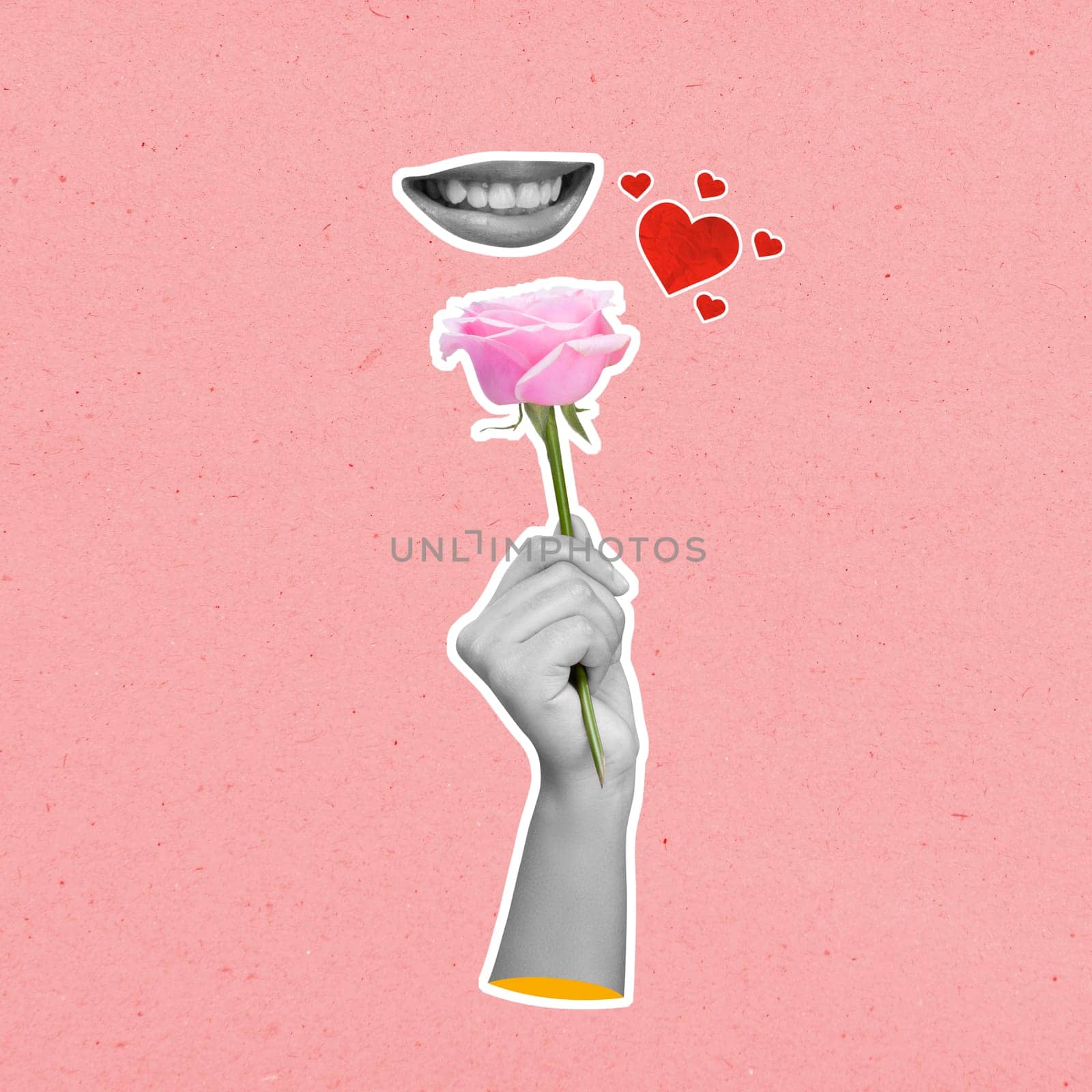 A human hand holding a pink rose flower with a red hearts on a colored background. Concept of Valentine Day. Collage art