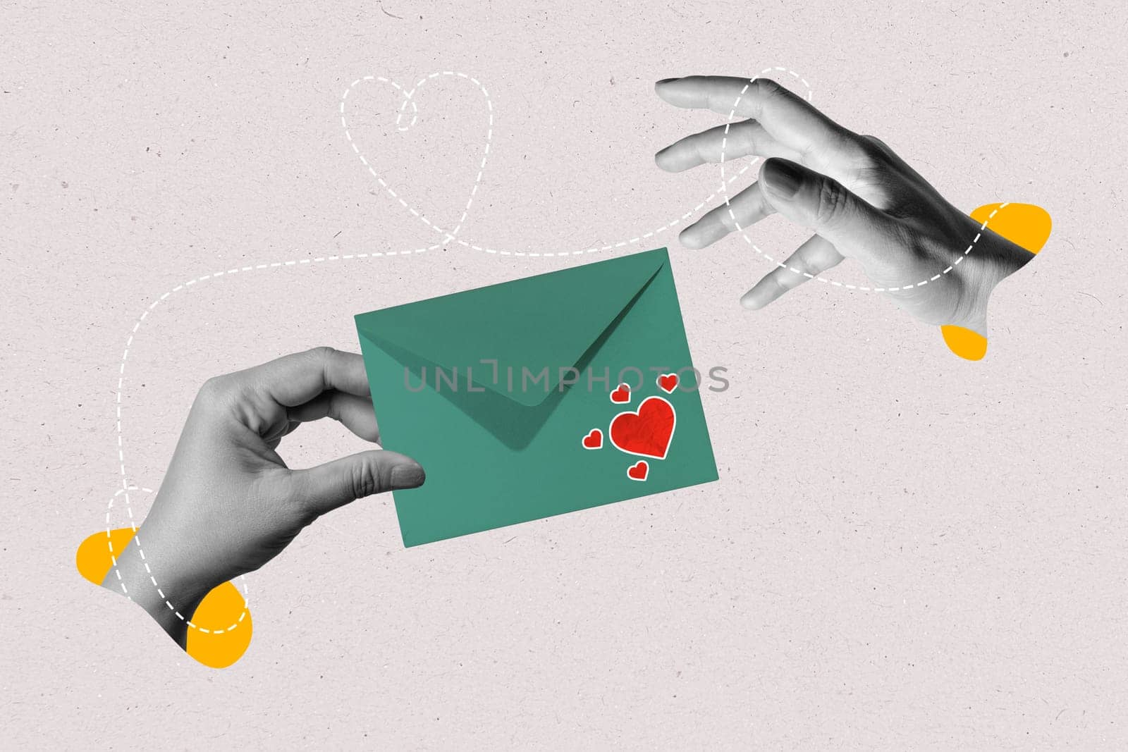A human hand giving an envelope with red hearts on a colored background. Mockup, copy space, or template. Concept of Valentine Day. Collage art