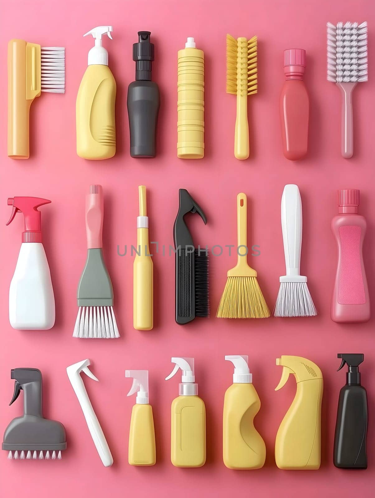 A neatly arranged collection of cleaning supplies, including brushes, spray bottles, and scrubbers, in pink, yellow, and black tones on a vibrant pink background, creating a visually appealing composition.