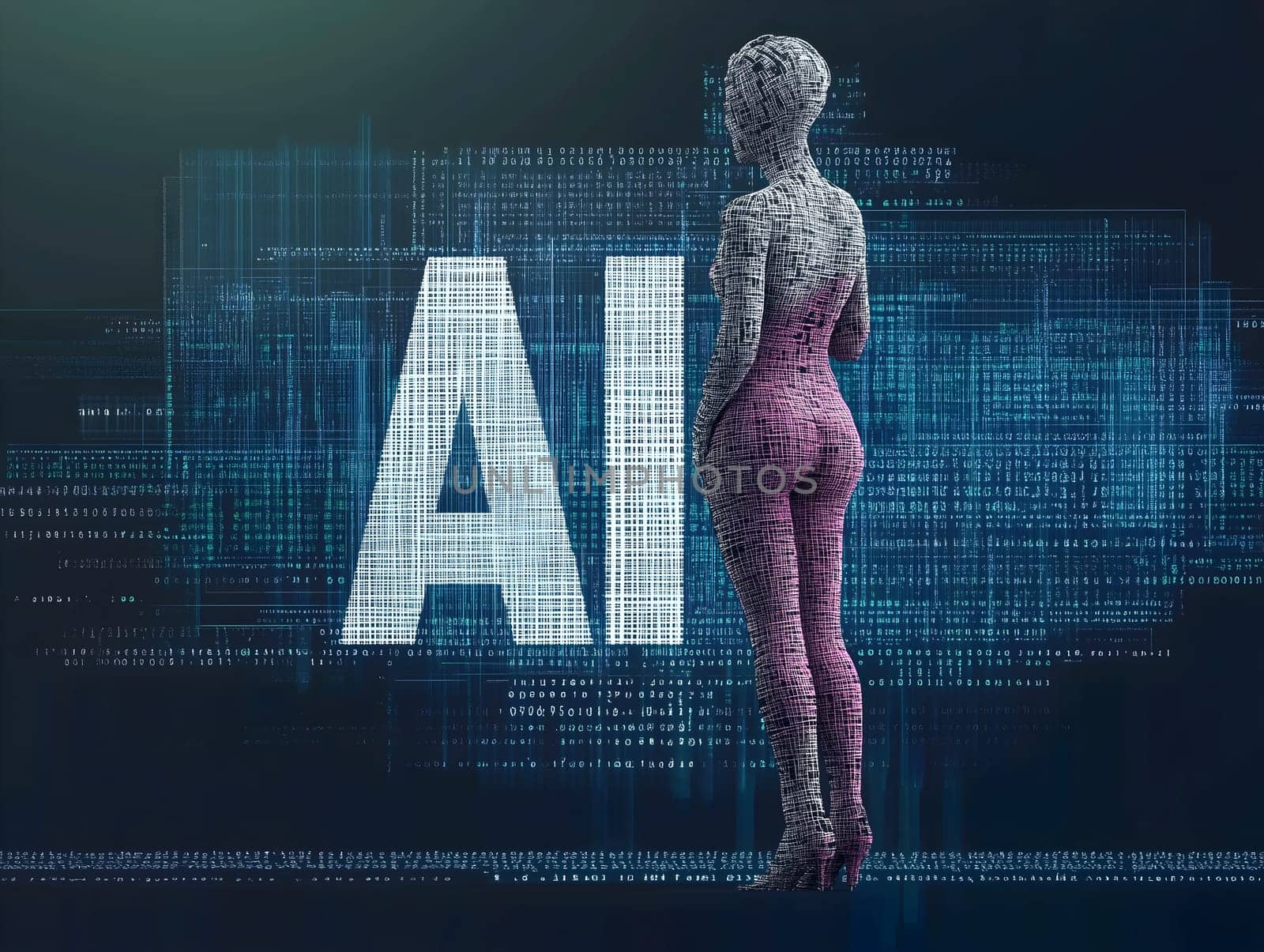 A futuristic AI woman standing in a digital environment, surrounded by technology and data, representing artificial intelligence, machine learning, and the future of innovation in cyberspace.