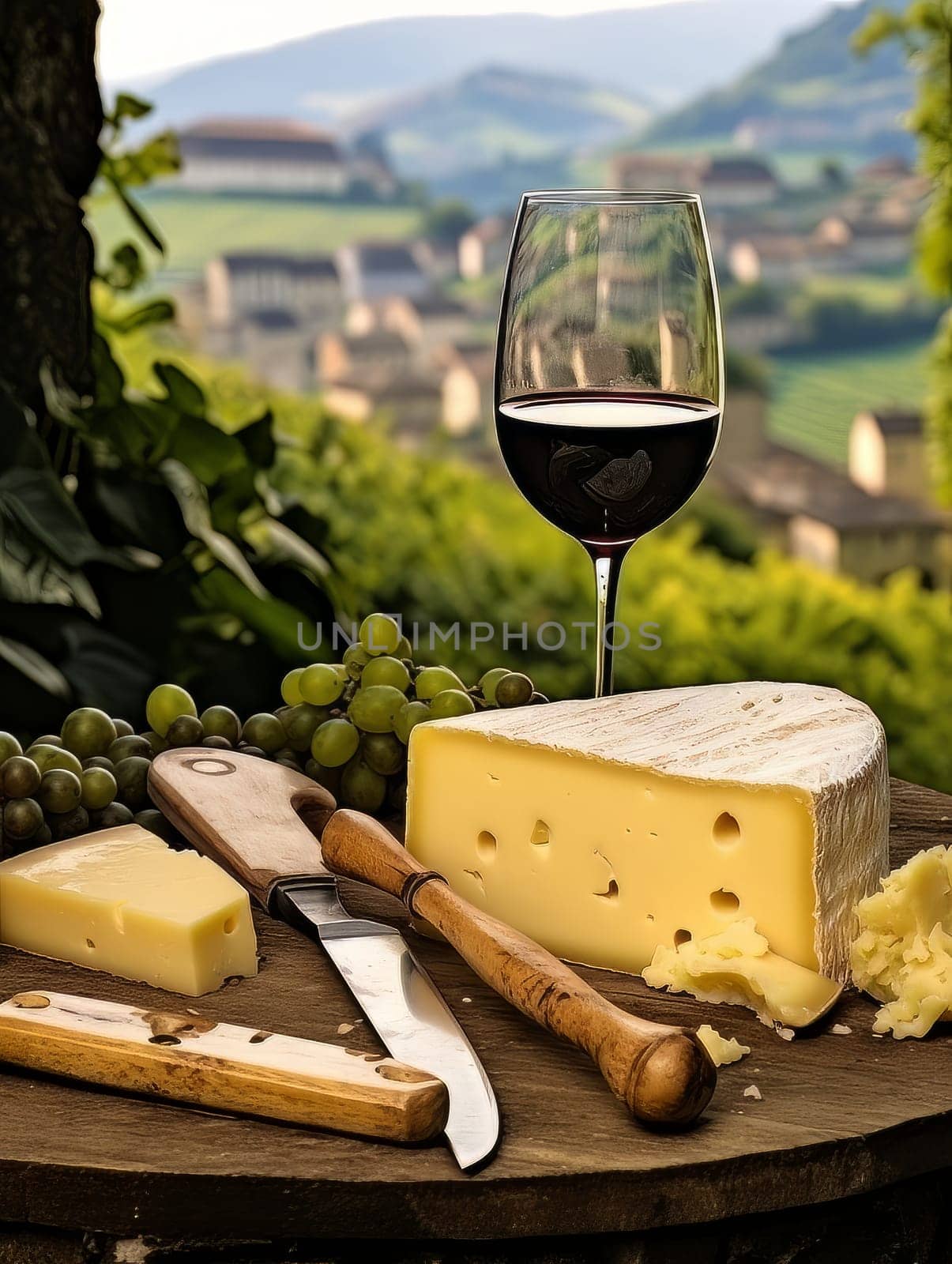 Board with cheeses, red wine in glass and grapes. Still life of table for tasting cheese and wine, cozy romantic atmosphere, outdoor village panorama on a warm sunny day AI