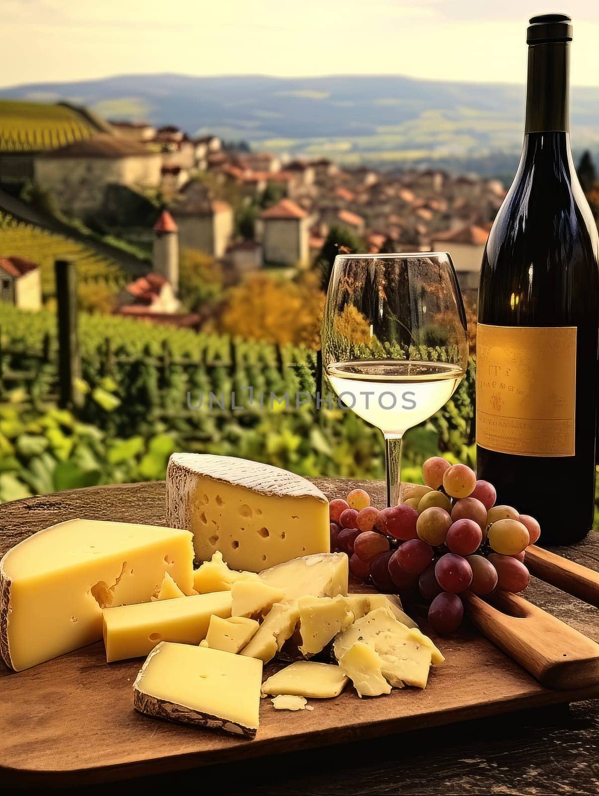 Varied Cheese board and white wine against the backdrop of village. AI by but_photo