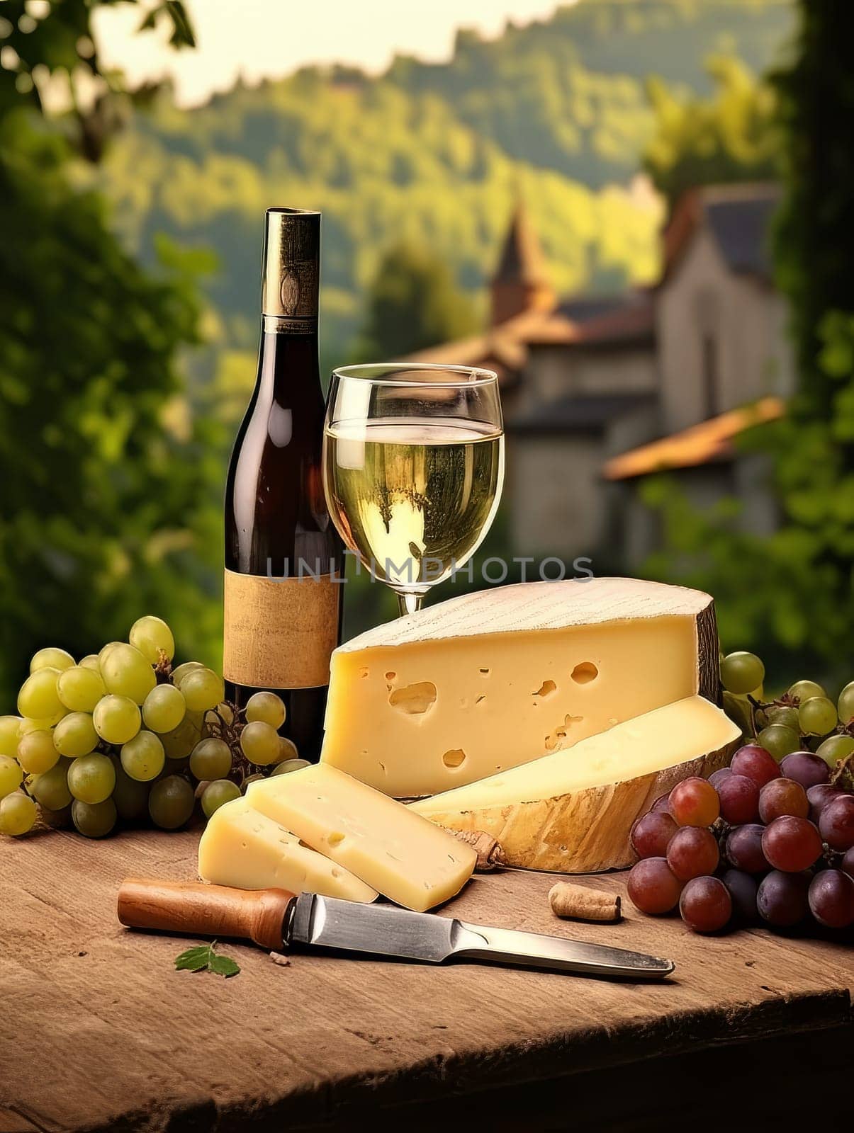 Board with cheeses, white wine in a glass and grapes. Still life of table for tasting cheese and wine, cozy romantic atmosphere, outdoor village panorama on a warm sunny day AI